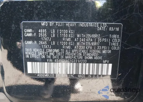 2016 Subaru Outback 2.5I из США, поврежденный, VIN 4S4BSAAC1G3311233